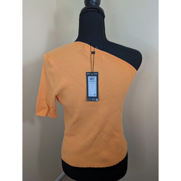 Vero Moda Top One Shoulder Short Sleeve Orange Ribbed Knit Stretch Medium - Picture 2 of 14